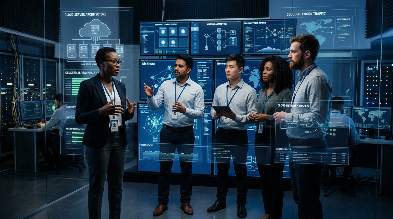 Codeaxe Technologies cloud engineers managing AWS infrastructure, Docker microservices, and continuous delivery pipelines